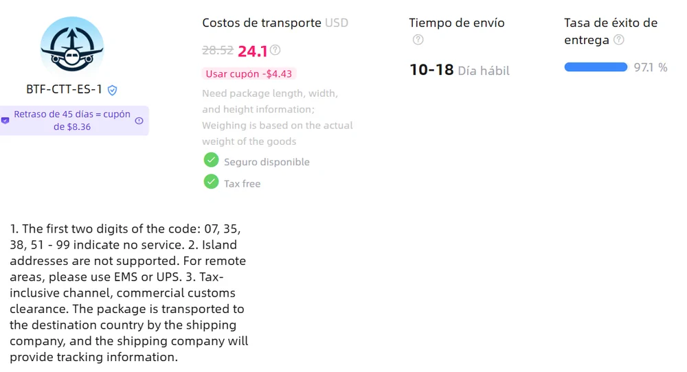 Captura del estimador de Oopbuy con la fila de BTF-CTT-ES-1 para 1 kg a España, con la descripción de códigos postales sin servicio