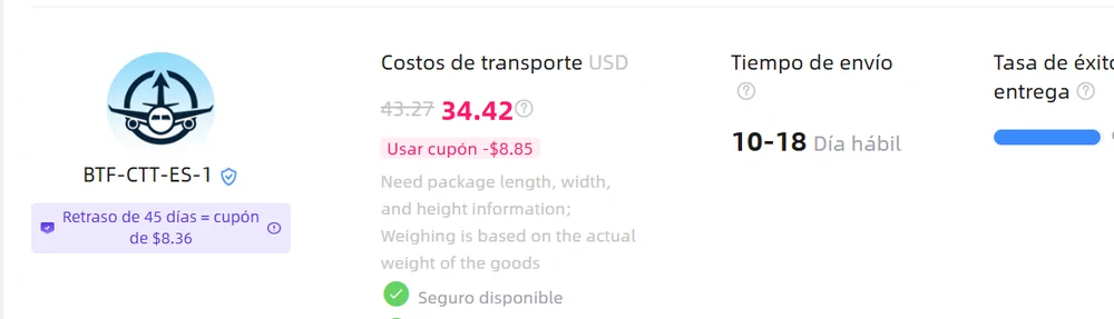 Captura del estimador de Oopbuy en español: fila de la línea BTF-CTT-ES-1 para 2 kg a España con precio, plazo de 10 a 18 días hábiles y tasa de éxito de entrega