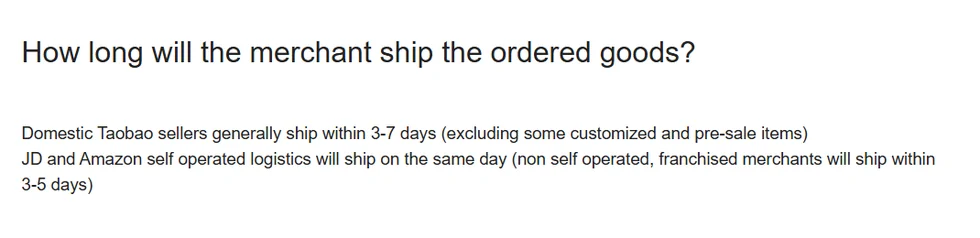 Captura del artículo de ayuda de Oopbuy sobre cuánto tarda el vendedor en enviar: vendedores de Taobao en 3 a 7 días y logística propia de JD y Amazon el mismo día